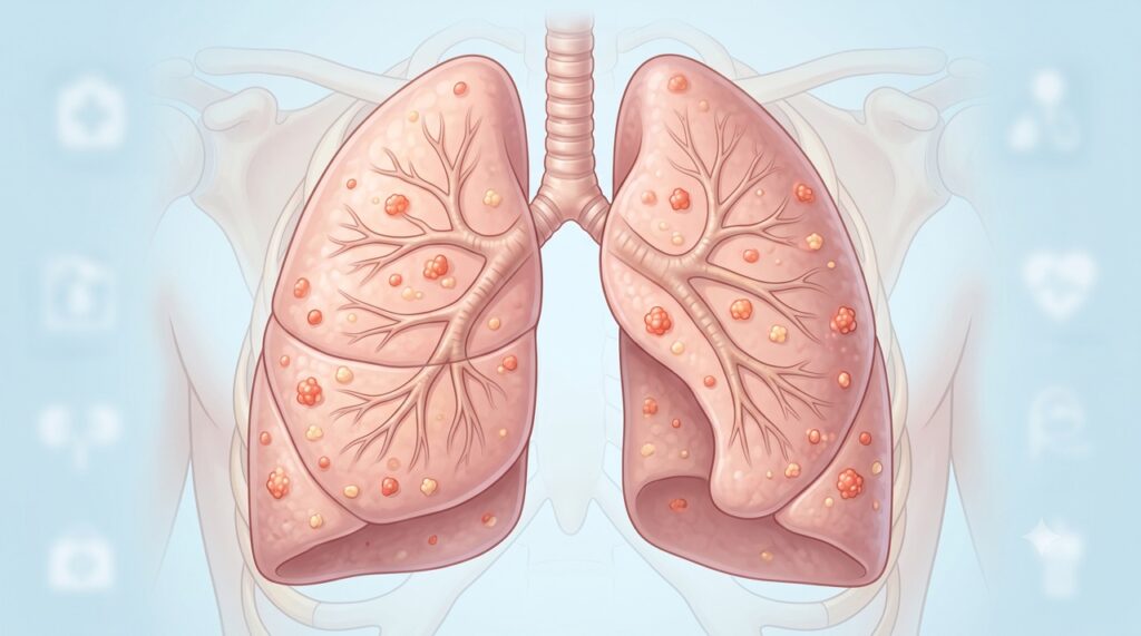 Na sarcoidose, granulomas inflamatórios podem se formar nos pulmões e afetar a respiração.
