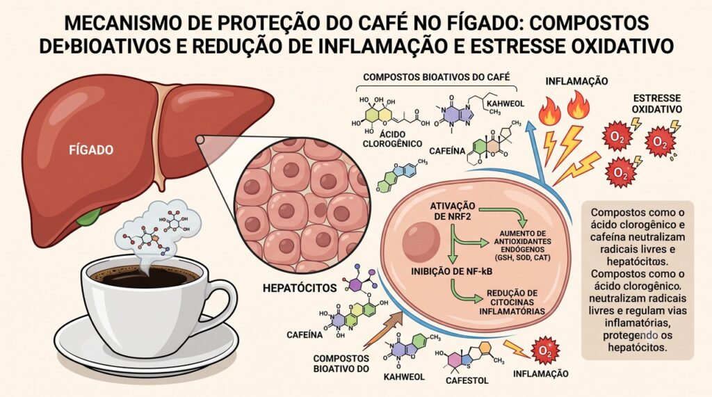 Os compostos bioativos do café podem atuar em mecanismos relacionados à inflamação e ao metabolismo hepático.
