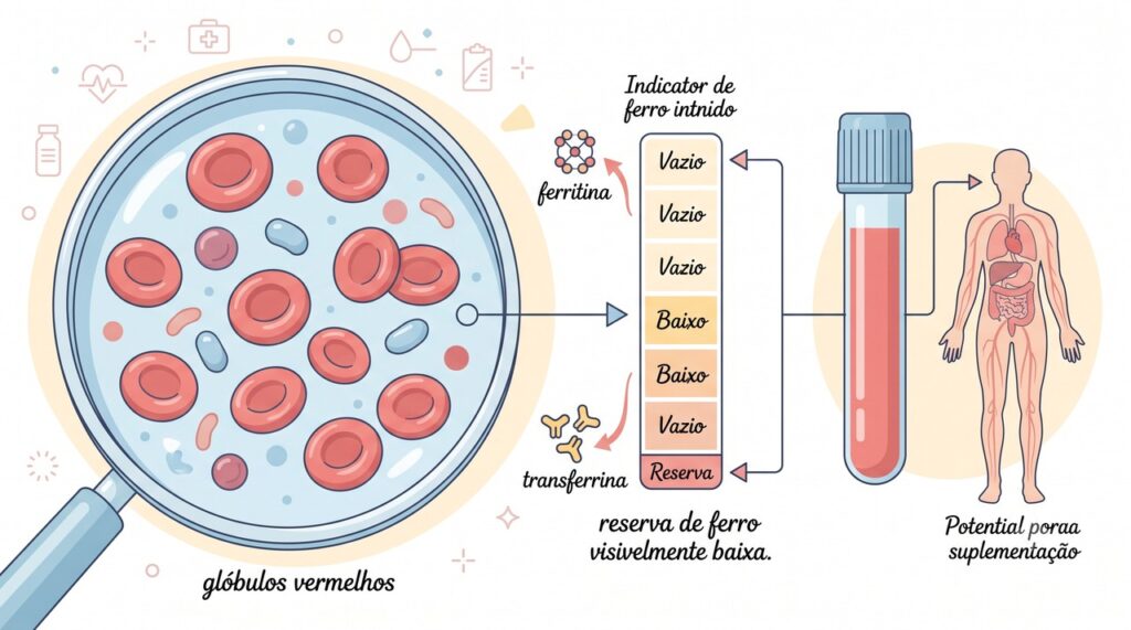 A ferritina pode estar baixa antes que a hemoglobina apresente alteração.