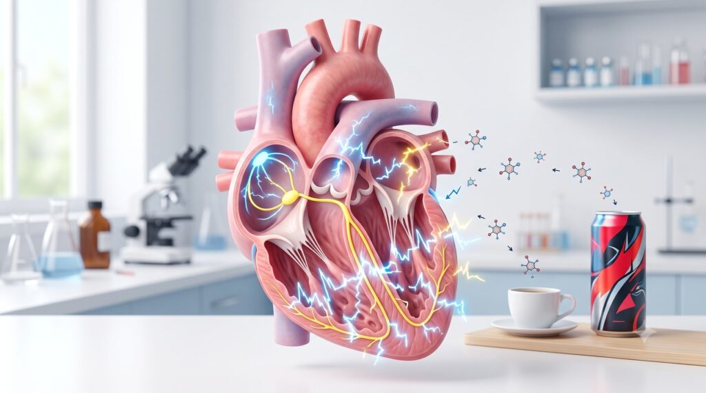 Cafeína e outros estimulantes podem alterar os batimentos, a pressão e a repolarização cardíaca.