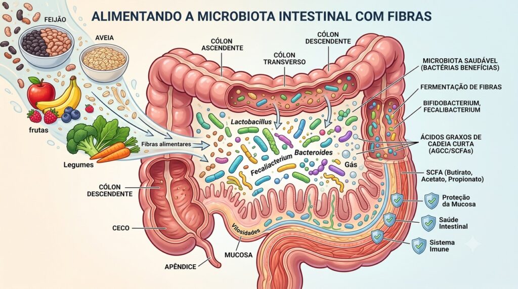 Fibras variadas ajudam a alimentar bactérias benéficas da microbiota intestinal.