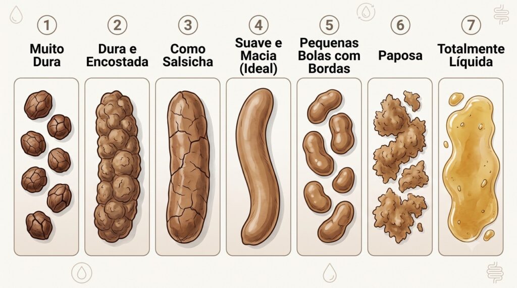 Os tipos da escala de Bristol ajudam a descrever o funcionamento do intestino.