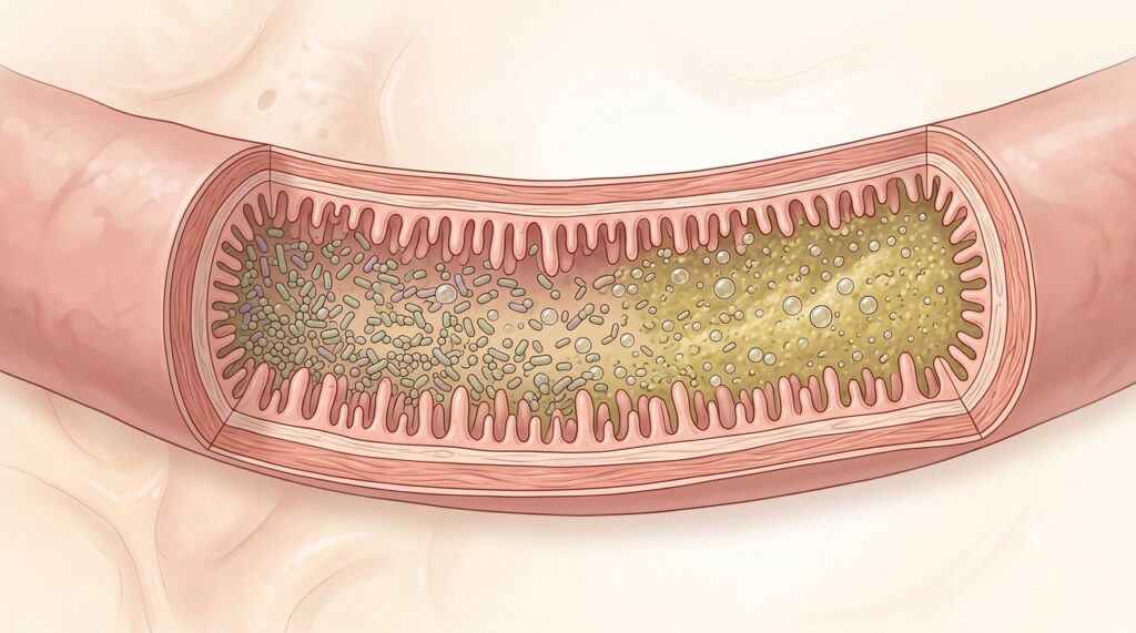 No SIBO, o excesso de bactérias fermenta alimentos e pode causar gases, inchaço e alterações intestinais.