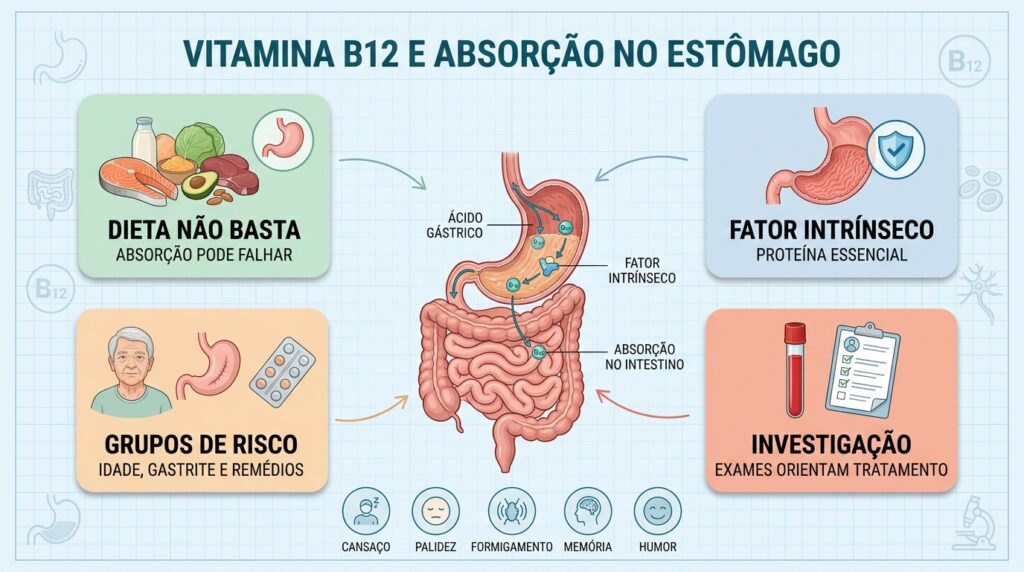 Infográfico mostra dieta, fator intrínseco, riscos e sintomas da falta de B12.