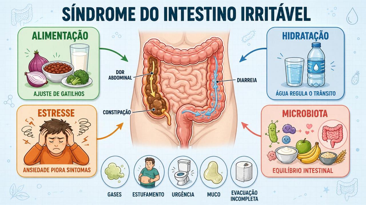 Infográfico mostra pilares e sintomas ligados à síndrome do intestino irritável.