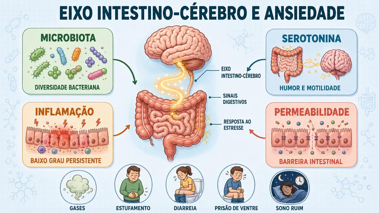 Microbiota, serotonina, inflamação e permeabilidade ajudam a explicar ansiedade com sintomas digestivos.