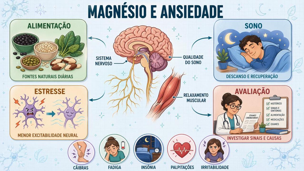 Infográfico mostra alimentação, sono, estresse e avaliação na relação com magnésio.