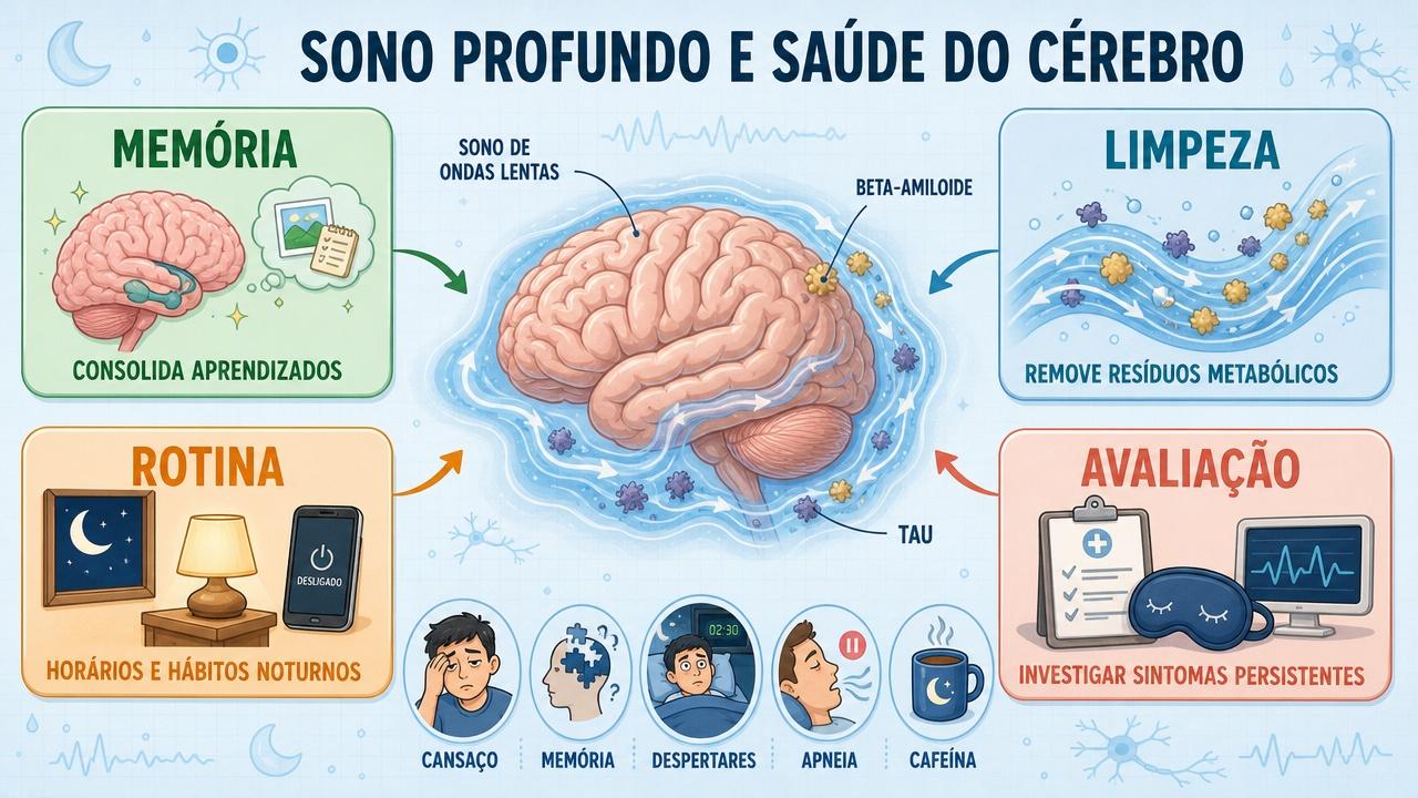 Memória, limpeza cerebral, rotina e avaliação médica sustentam um sono reparador.
