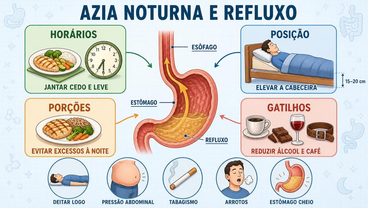 Horários, posição, porções e gatilhos influenciam a azia frequente noturna.