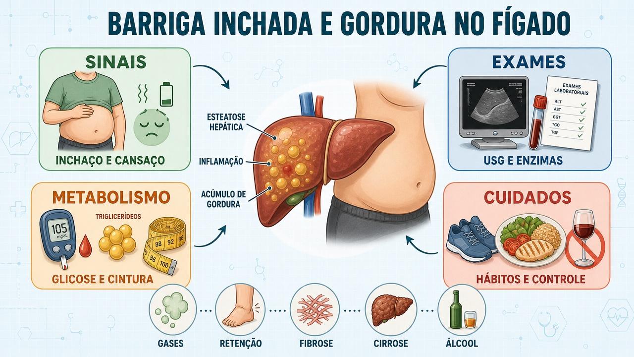 Sinais, exames, metabolismo e cuidados orientam a investigação da gordura no fígado.
