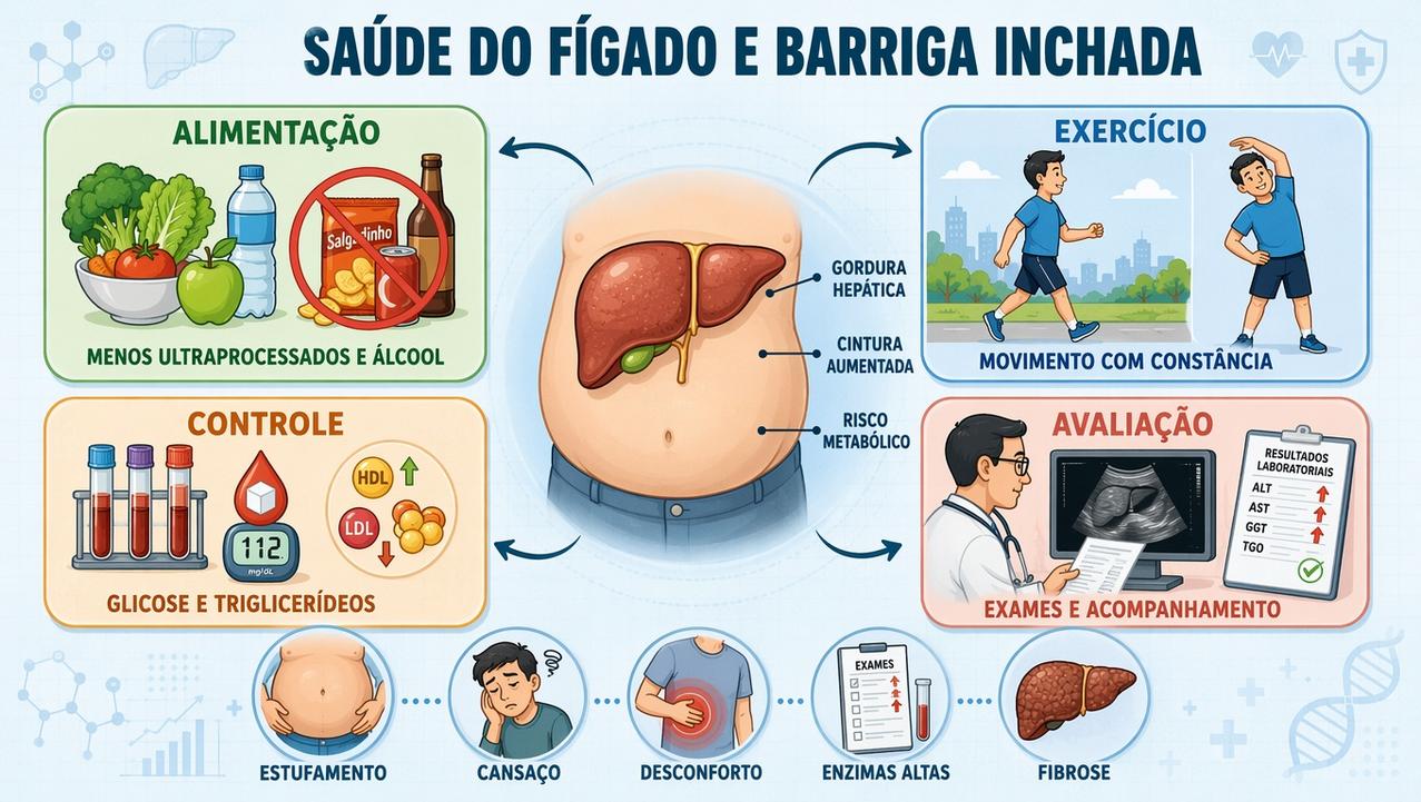 Infográfico resume alimentação, exercício, controle metabólico e avaliação médica do fígado.