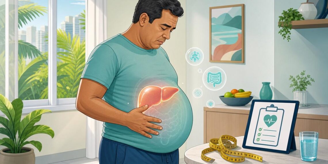 A barriga inchada e persistente não se deve apenas a gordura localizada, mas sim em alguns casos ao depósito de gordura no fígado que pede urgente avaliação