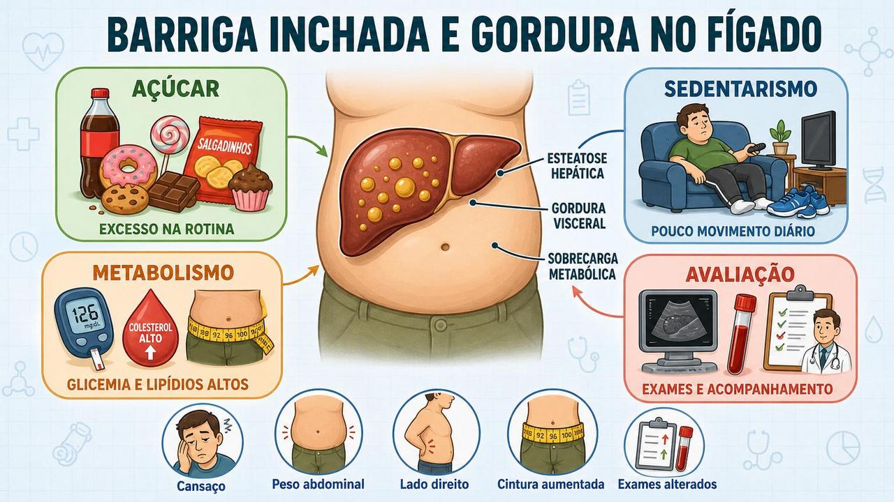 Infográfico resume fatores, sinais e avaliação da gordura no fígado.