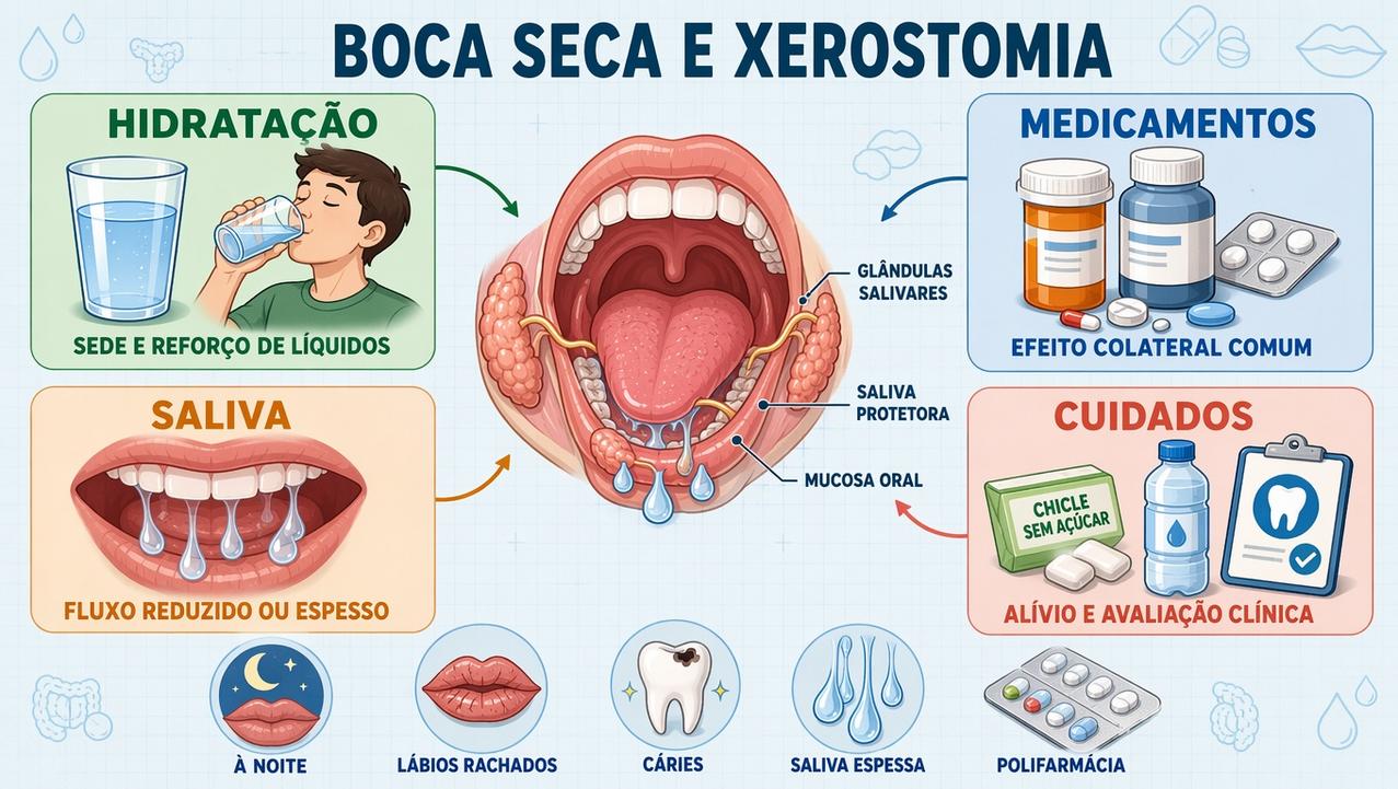 Hidratação, medicamentos, saliva e cuidados orientam a avaliação da xerostomia.