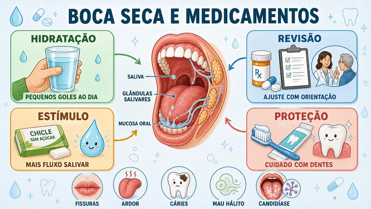 Hidratação, revisão médica, estímulo salivar e proteção oral ajudam na xerostomia.