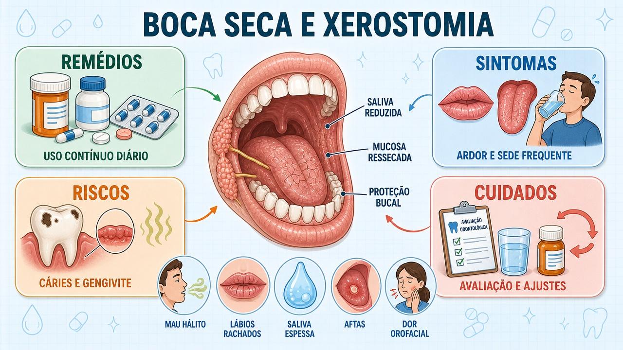 Infográfico resume remédios, sintomas, riscos bucais e cuidados na xerostomia.