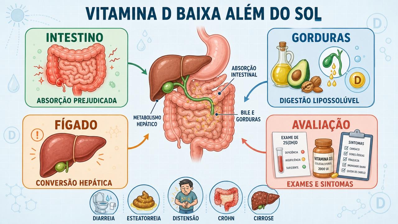 Quatro pilares explicam a vitamina D baixa além da exposição solar.