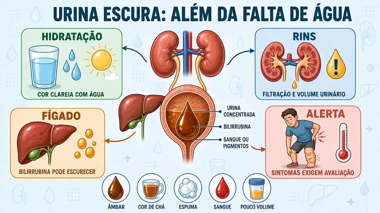 Hidratação, rins, fígado e sinais de alerta explicam a urina escura.