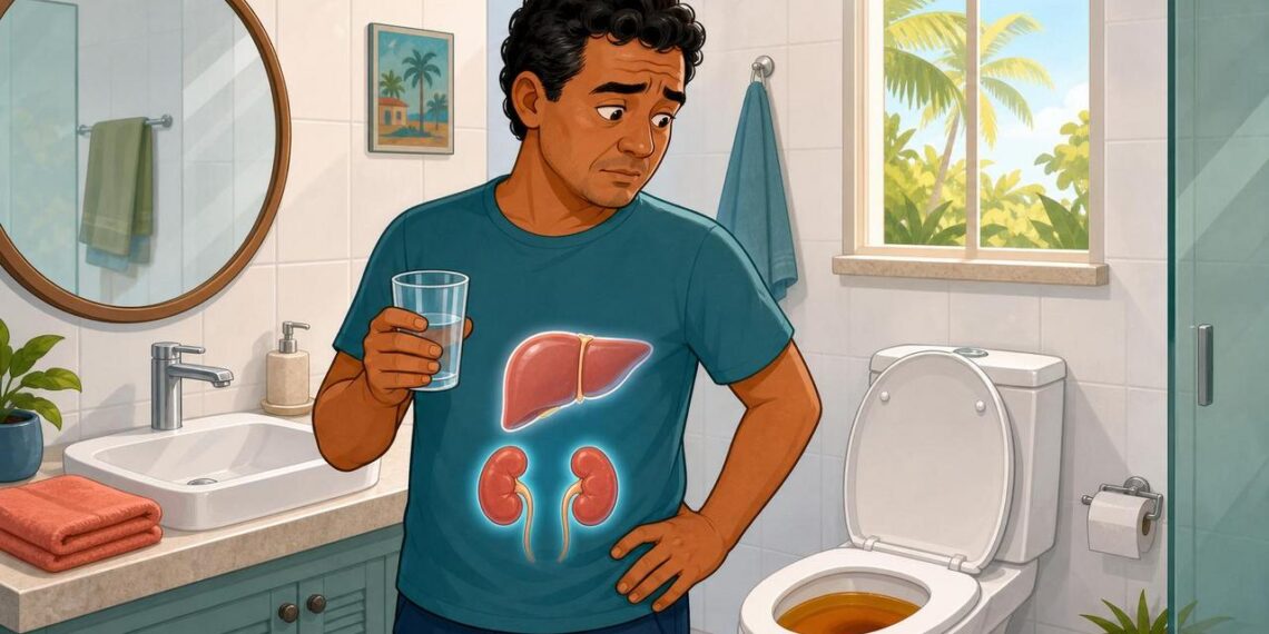 A cor mais escura da urina nem sempre é falta de água: pode ser um sinal de sobrecarga no fígado ou nos rins