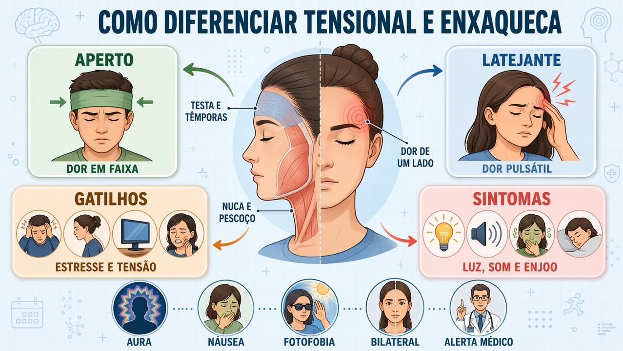 Aperto, pulsação, gatilhos e sintomas orientam a distinção entre cefaleias.