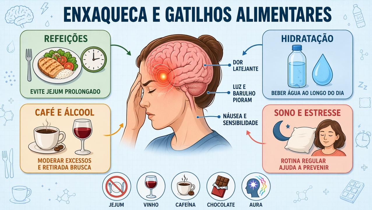 Refeições, hidratação, cafeína, álcool, sono e estresse influenciam crises de enxaqueca.