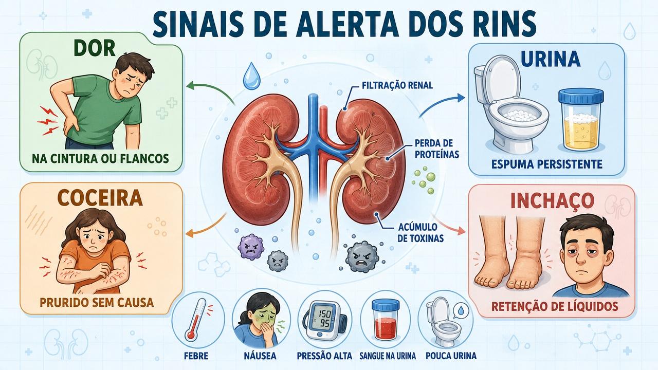 Quatro sinais renais importantes: dor, espuma urinária, coceira e inchaço.