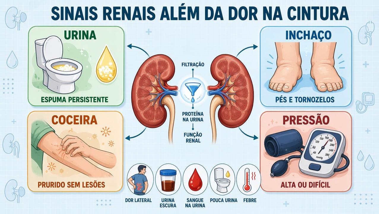 Urina, inchaço, coceira e pressão alta formam pilares de alerta renal.