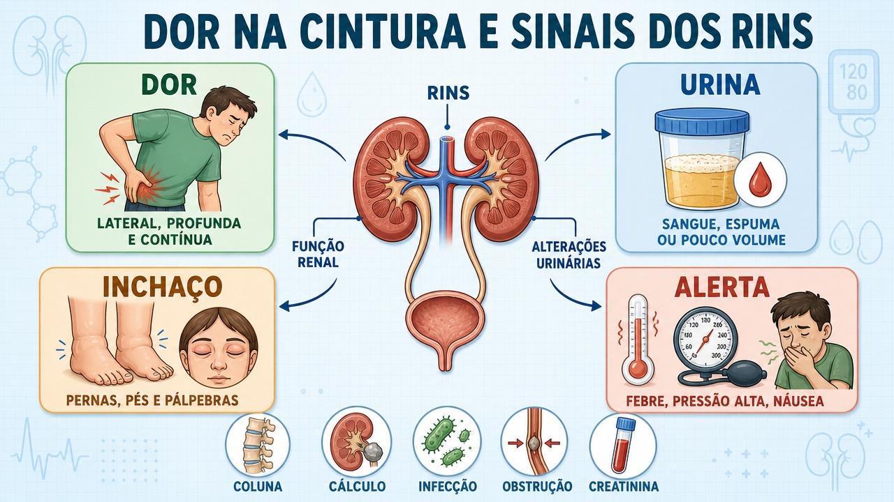 Infográfico resume sinais renais: dor, urina alterada, inchaço e sintomas de alerta.
