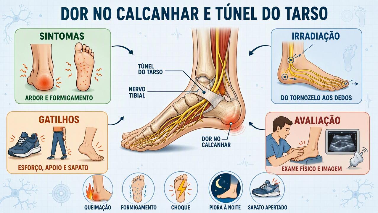 Infográfico resume sintomas, irradiação, gatilhos e avaliação do túnel do tarso.
