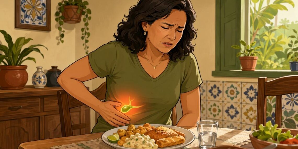 A dor no lado direito da barriga após comidas gordurosas nem sempre é gastrite, pode ser um sinal de cálculo na vesícula