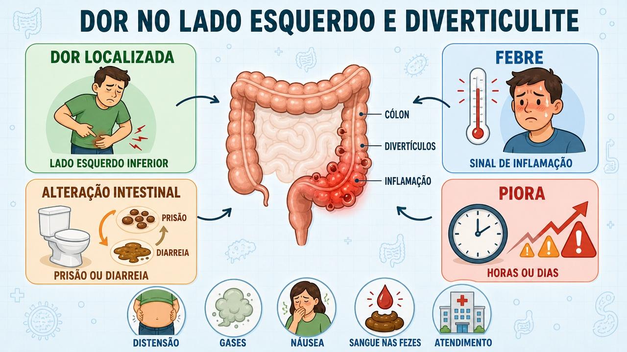 Infográfico destaca sinais de diverticulite além da prisão de ventre comum.