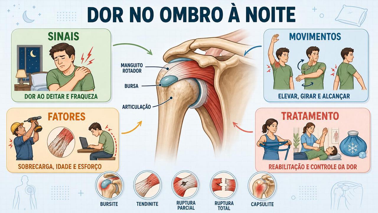Infográfico resume sinais, movimentos, fatores e tratamento da dor no ombro.
