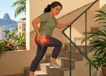 A dor no quadril ao caminhar ou subir escadas nem sempre é desgaste: pode ser um sinal de bursite ou tendinite
