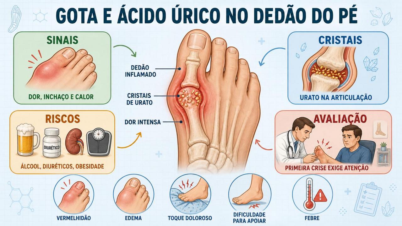 Infográfico resume sinais, cristais, riscos e avaliação médica na gota.