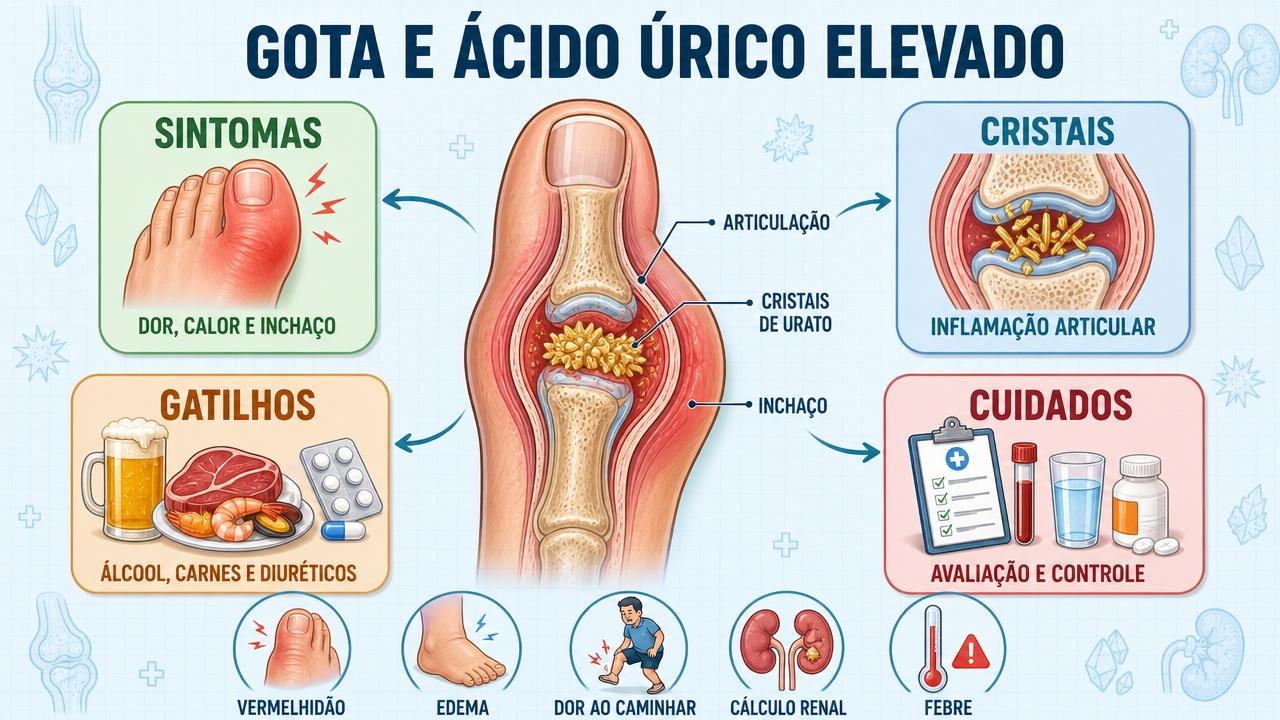 Infográfico resume sintomas, cristais, gatilhos e cuidados na crise de gota.