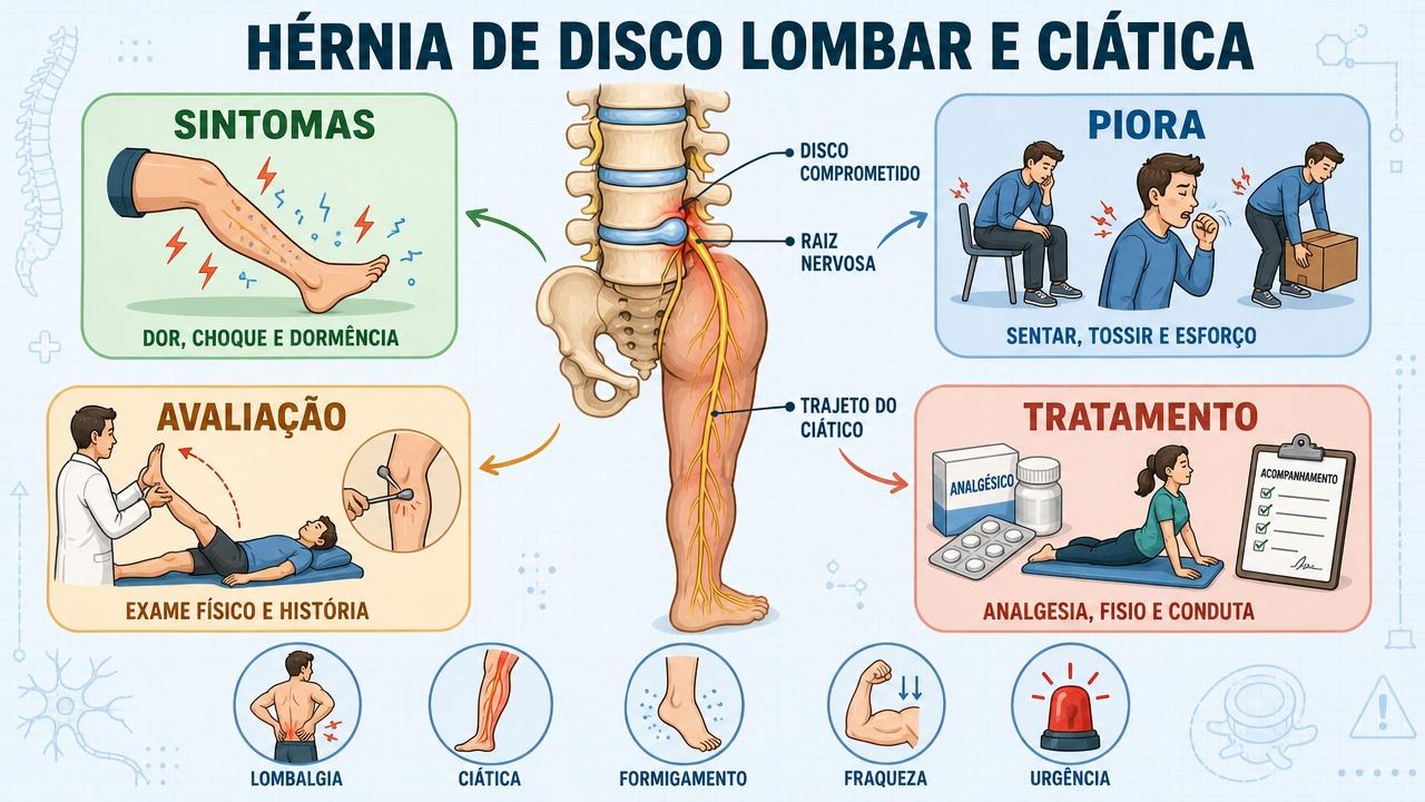 Infográfico resume sintomas, piora, avaliação e tratamento da hérnia lombar.