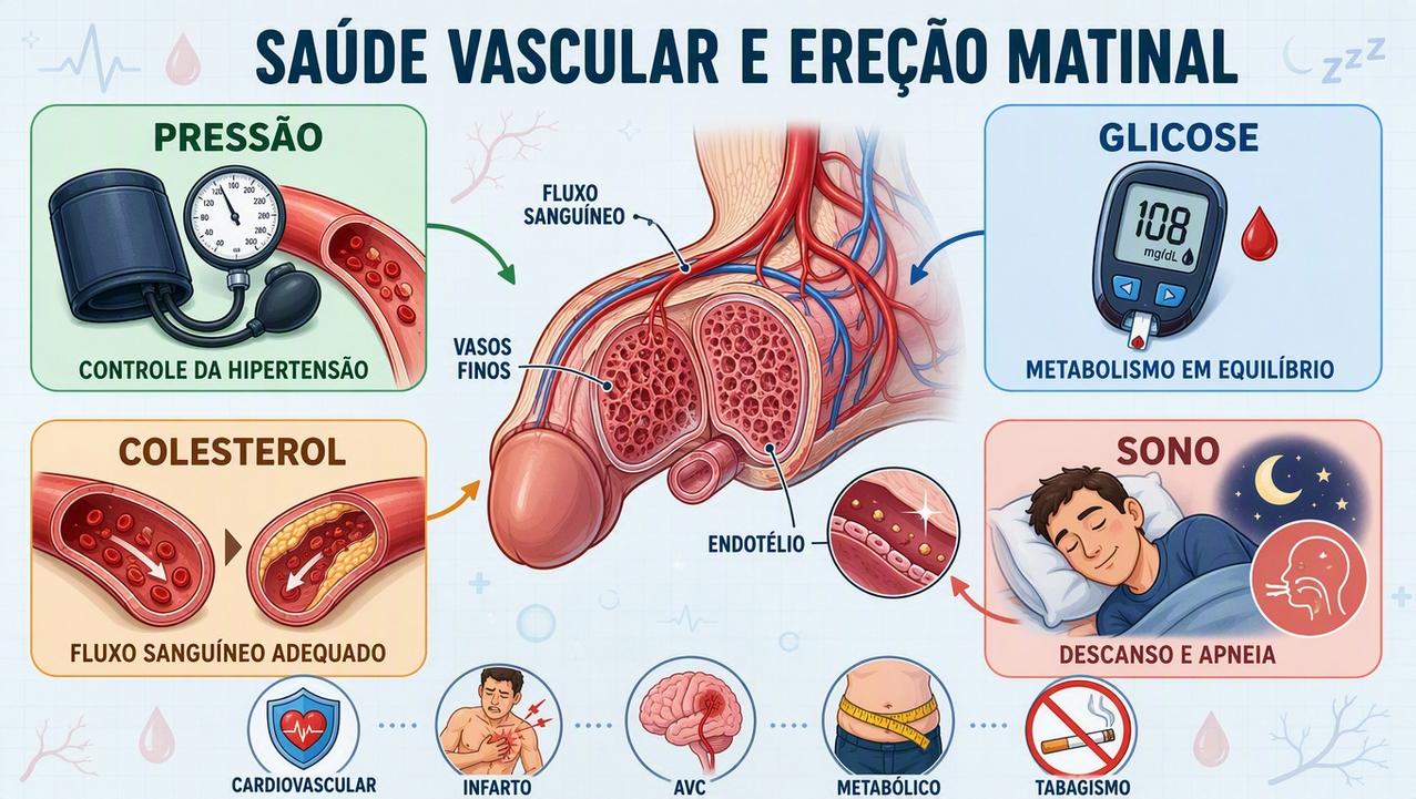 Pressão, glicose, colesterol e sono influenciam a circulação ligada à ereção.