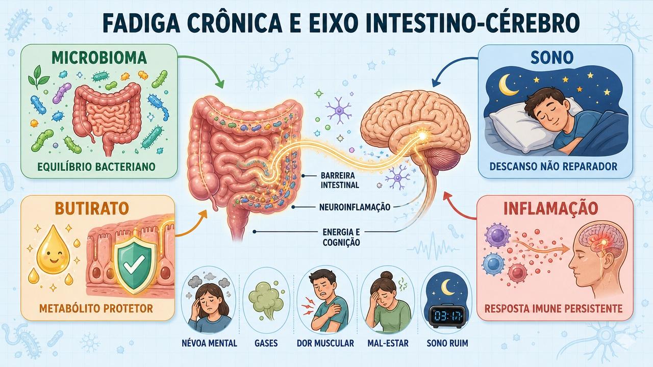 Microbioma, sono, butirato e inflamação formam pilares da fadiga crônica.