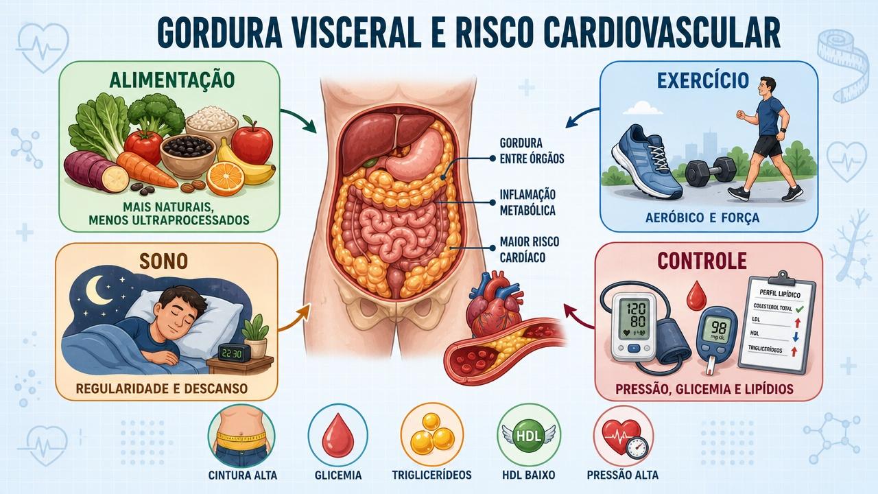 Alimentação, exercício, sono e controle metabólico ajudam a reduzir gordura visceral.