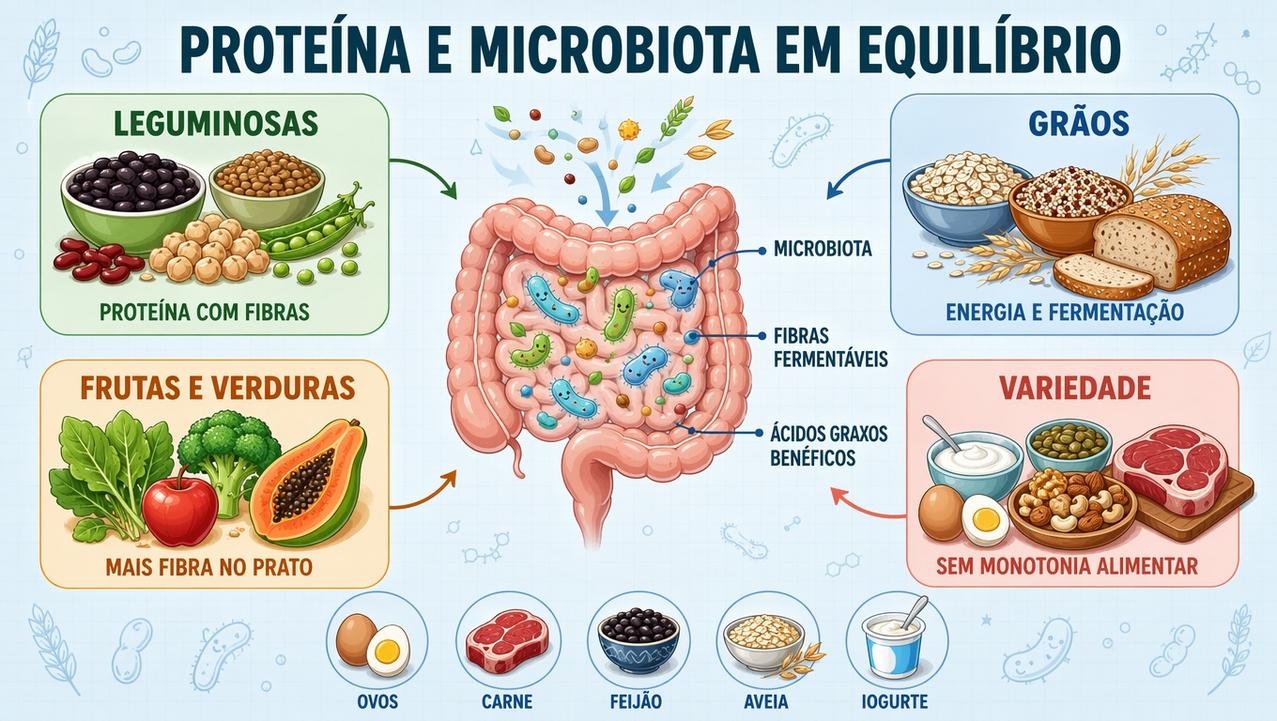 Leguminosas, grãos, vegetais e variedade proteica fortalecem o equilíbrio da microbiota.