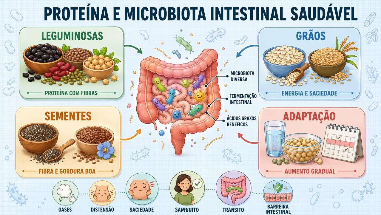 Leguminosas, grãos, sementes e adaptação gradual fortalecem proteína, fibras e microbiota.