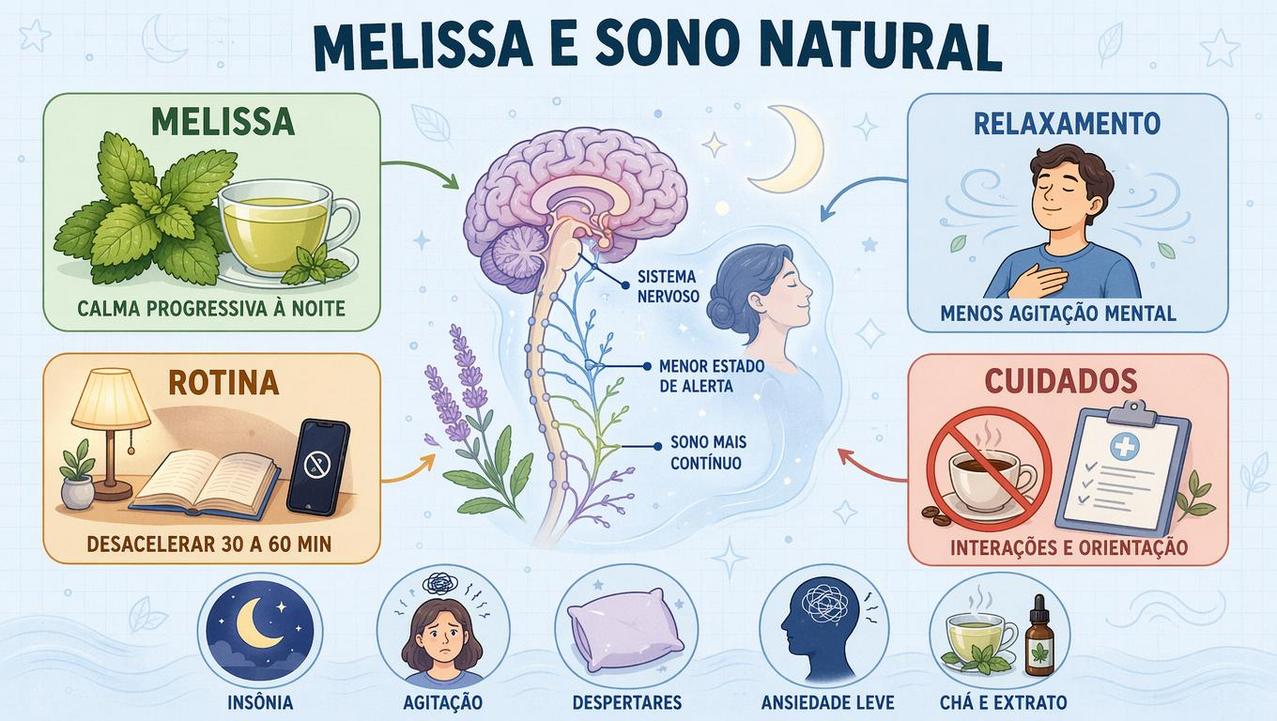 Infográfico resume melissa, relaxamento, rotina noturna e cuidados para dormir melhor.