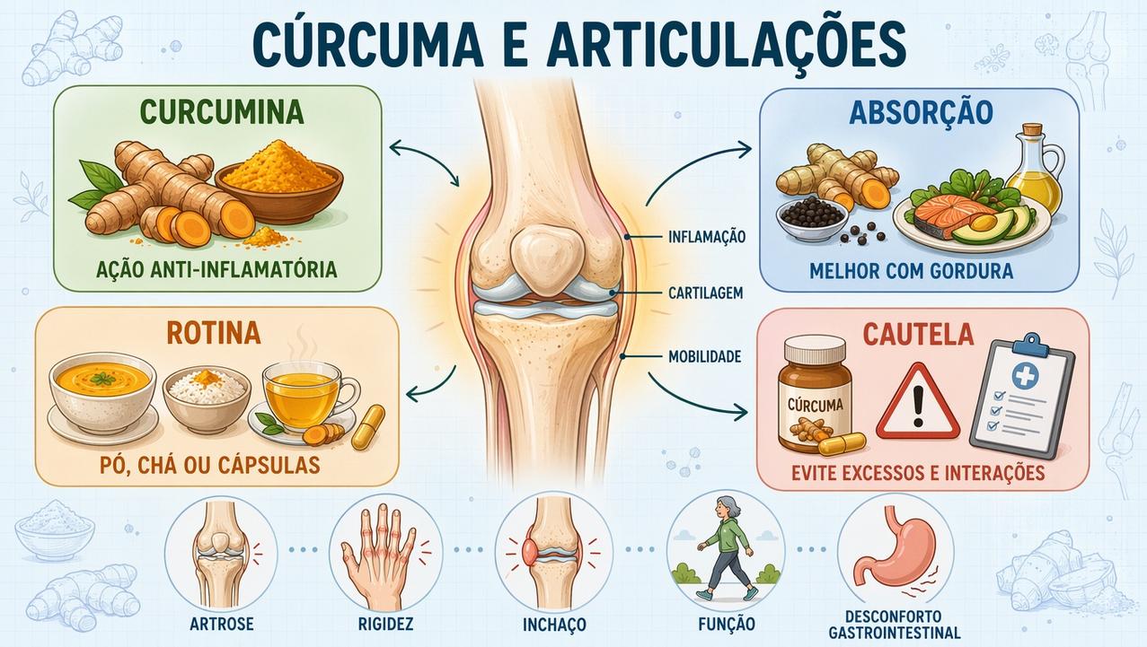 Infográfico resume curcumina, absorção, uso diário e cautelas com a cúrcuma.