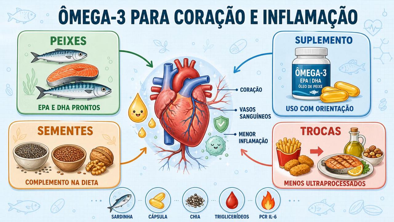 Infográfico resume fontes, suplemento, trocas alimentares e benefícios cardiovasculares do ômega-3.