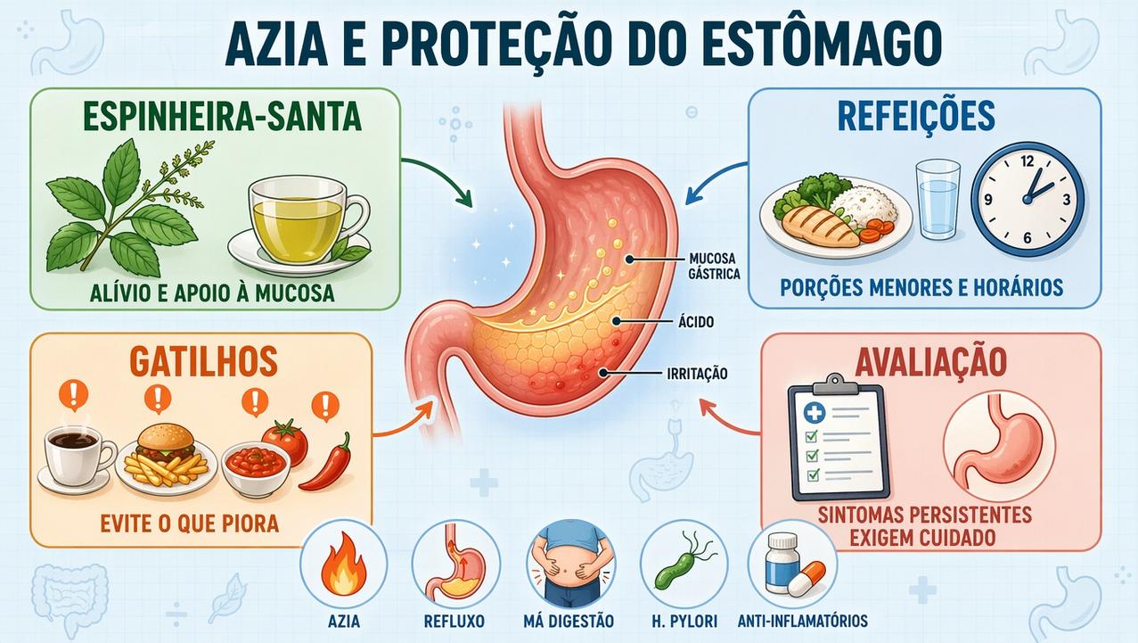 Infográfico mostra pilares para reduzir azia e proteger a mucosa gástrica.