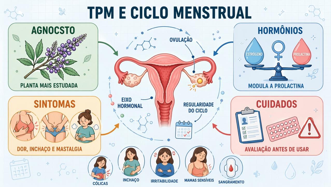 Infográfico resume ação do agnocasto, sintomas, hormônios e cuidados importantes.