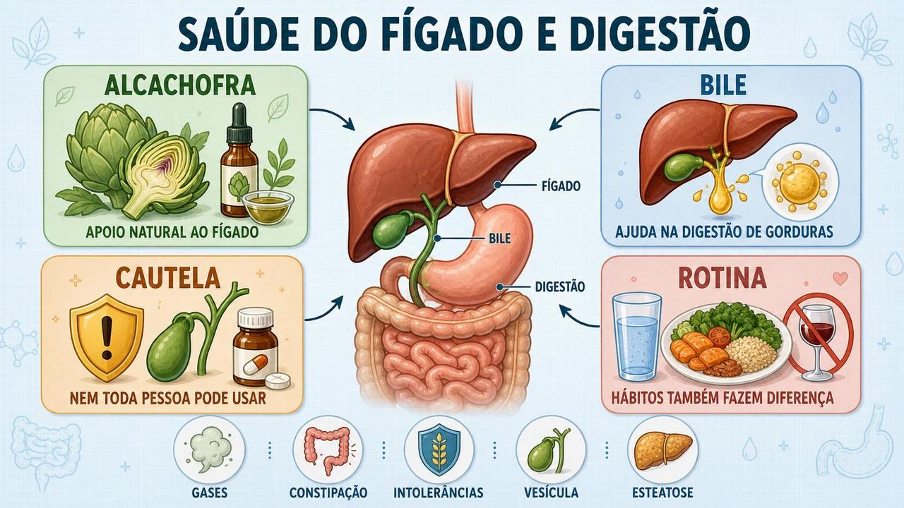 Infográfico resume alcachofra, bile, cautela e hábitos para melhor digestão.