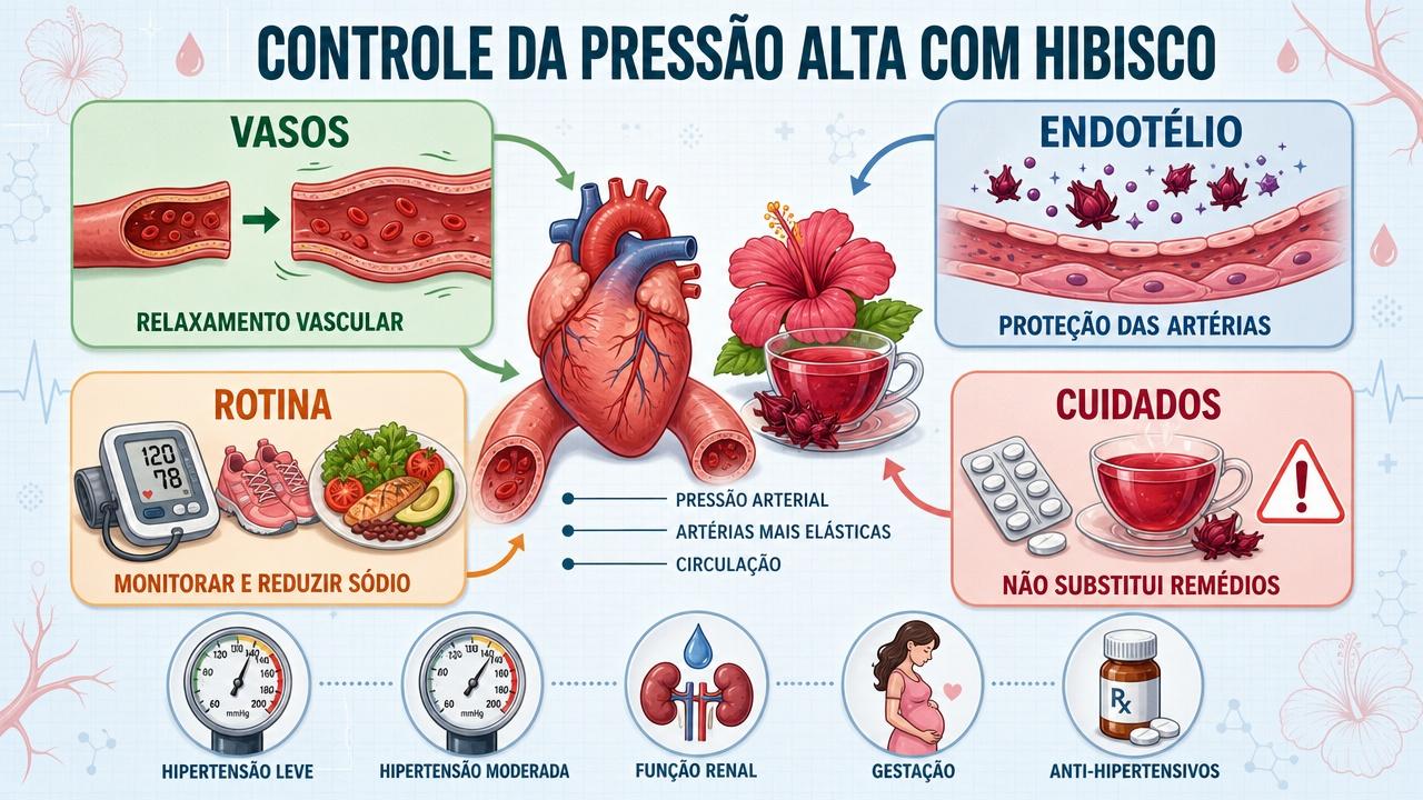 Infográfico resume vasos, endotélio, rotina e cuidados no uso do hibisco.