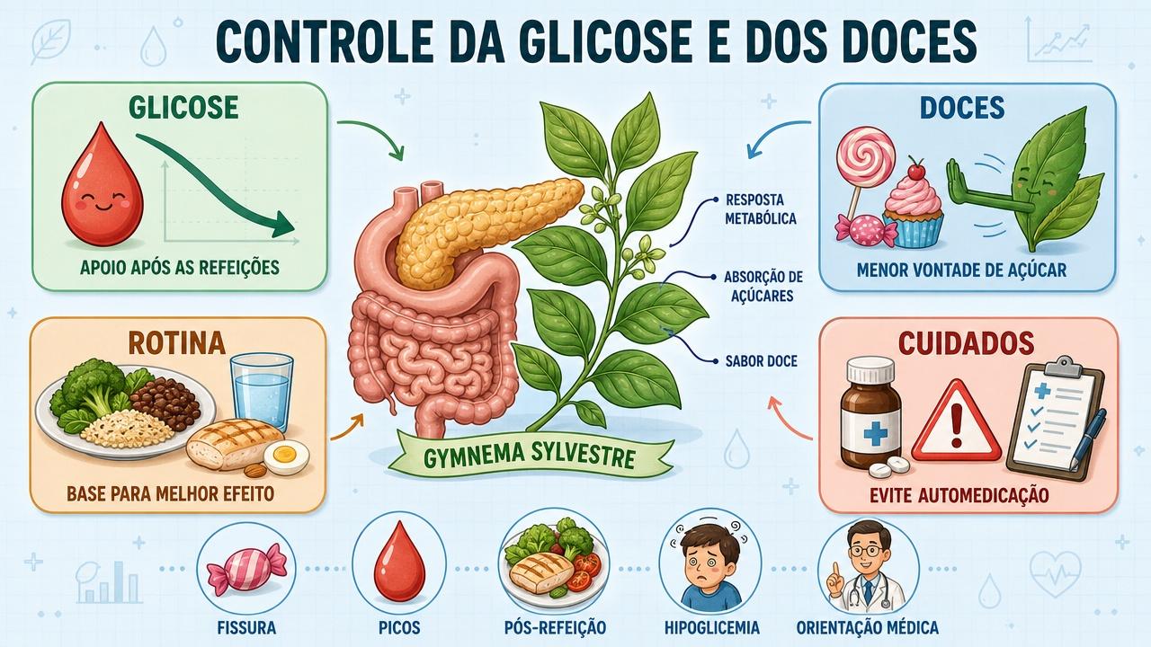 Infográfico resume glicose, fissura por doces, rotina alimentar e cuidados essenciais.