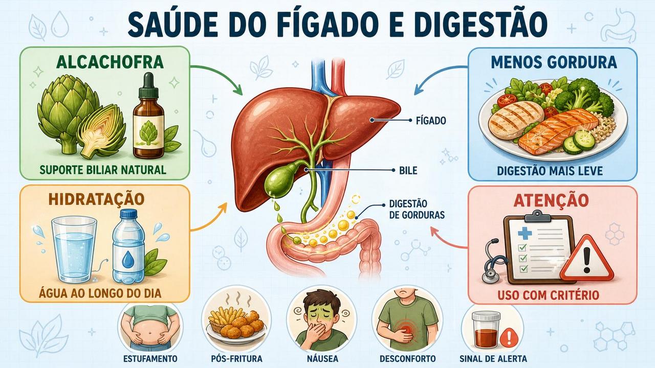 Infográfico resume alcachofra, alimentação, hidratação e cautela para digestão e fígado.